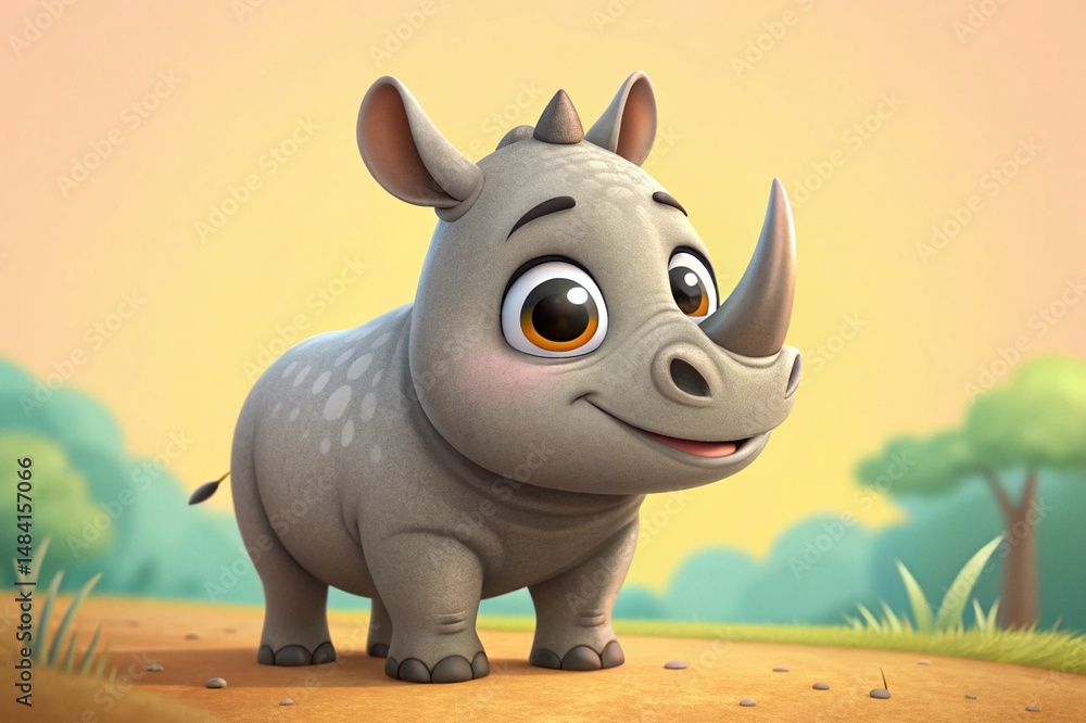 Cute rhino cartoon character, 3d render on bright background - generated by ai Cute rhino cartoon character, 3d render on bright background - generated by ai