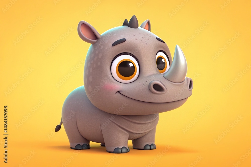 Cute rhino cartoon character, 3d render on bright background - generated by ai Cute rhino cartoon character, 3d render on bright background - generated by ai