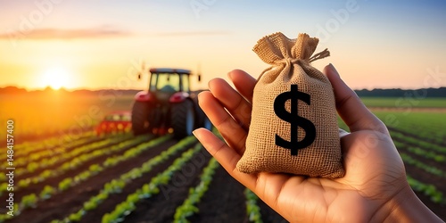 Wallpaper Mural Concept of agricultural investment and farm profitability symbolized by a hand holding a money bag with a dollar sign in front of a cultivated field and tractor at sunset

 Torontodigital.ca