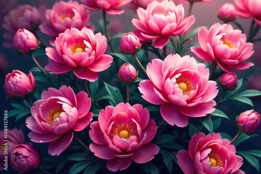 Fototapeta premium Dense, stylized peony blossoms in vibrant hues, endlessly repeating , surface, peony pattern