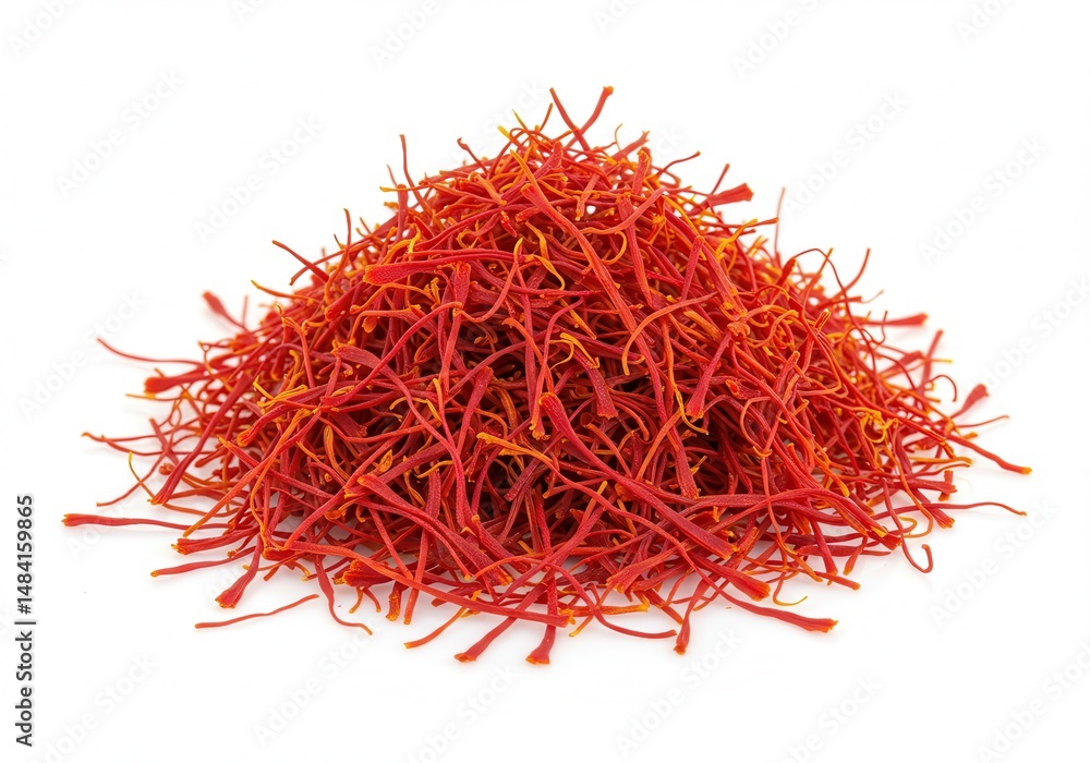 Naklejka premium Pile of vibrant red saffron threads on a white background for culinary use