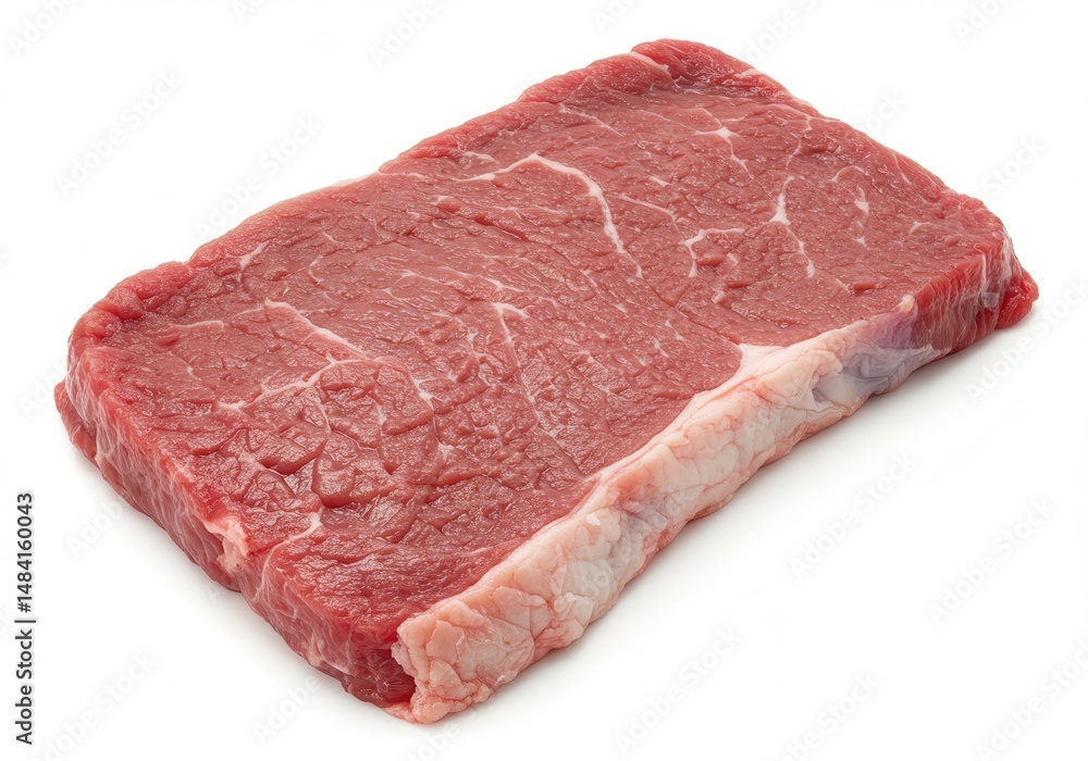 Raw sirloin steak cut with fat on a white background ready for cooking Raw sirloin steak cut with fat on a white background ready for cooking
