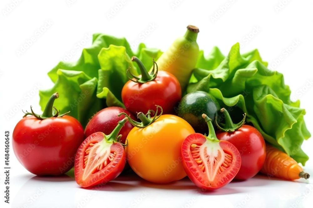 Variety of organic fruits & vegetables, isolated, nutrition, market Variety of organic fruits & vegetables, isolated, nutrition, market