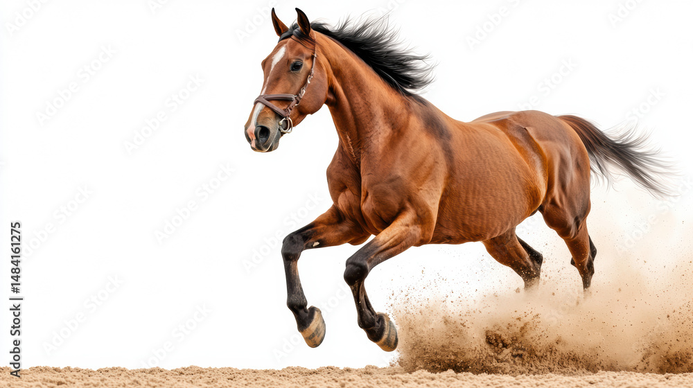 Obraz premium powerful brown horse gallops across sandy ground, kicking up dust against a white background.