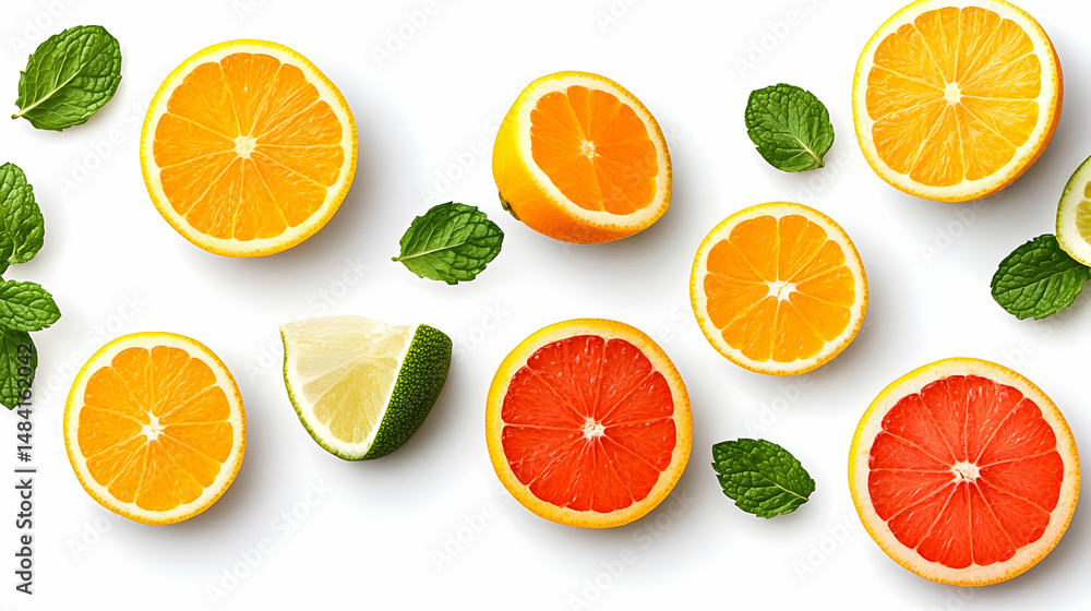 Obraz premium A fresh and juicy collection of citrus fruit, including orange, lemon, lime, and grapefruit, offers a healthy and vitamin-rich addition to any diet