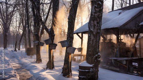 Wallpaper Mural Snowy maple syrup farm with metal sap buckets on trees. Steam rises from the sugar shack housing traditional equipment, bathed in soft morning light. Torontodigital.ca