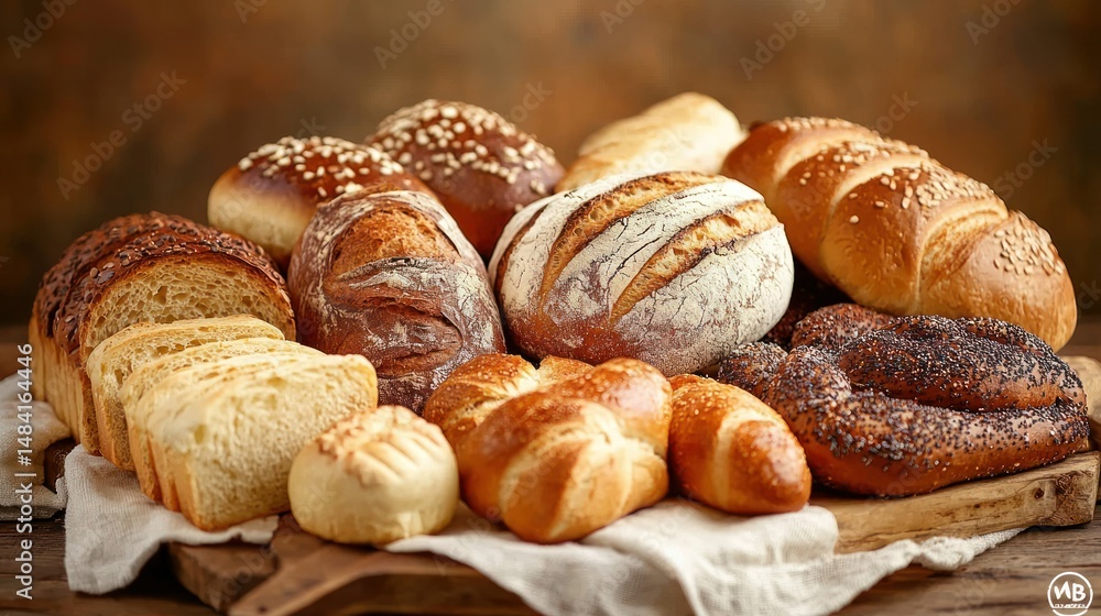 Assorted fresh baked bread croissants rolls baguettes sliced loaves bagels and pastries on rustic wooden surface with warm background Assorted fresh baked bread croissants rolls baguettes sliced loaves bagels and pastries on rustic wooden surface with warm background