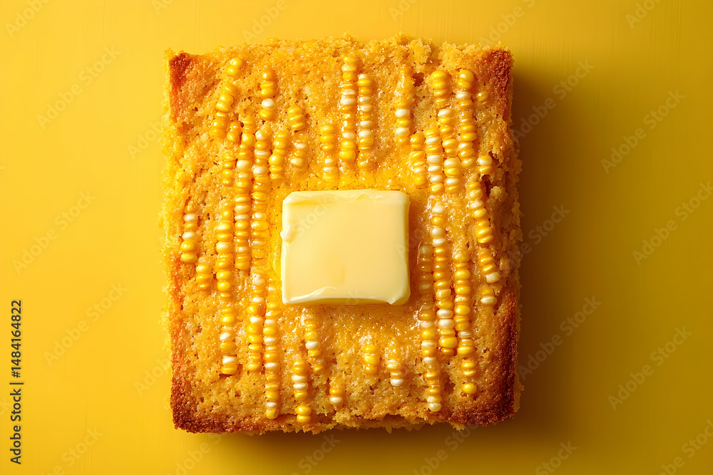 Obraz premium Close-up of a square cornbread with butter and corn kernels.
