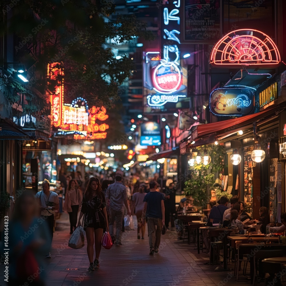 Night Scene of Busy Street with Neon Signs and Crowds Night Scene of Busy Street with Neon Signs and Crowds