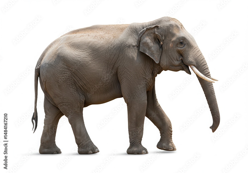 Fototapeta premium Asian elephant walking with trunk down on a white background, side view