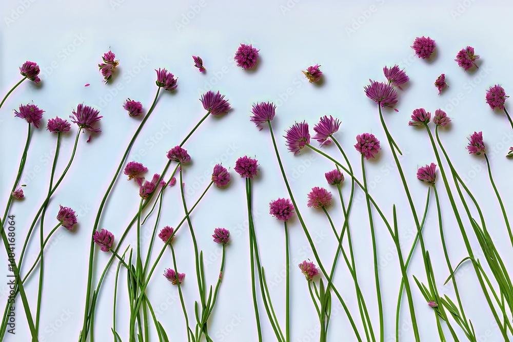 Naklejka premium Vibrant purple flowers with green stems arranged against a light blue background.