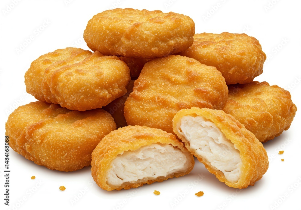 Pile of golden brown chicken nuggets with one cut open on a white background Pile of golden brown chicken nuggets with one cut open on a white background