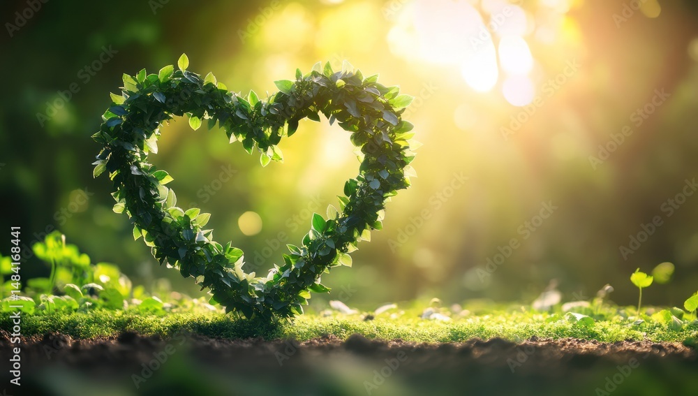 Obraz premium lush verdant heart shape formed by leaves stands gracefully against a sunlit natural backdrop