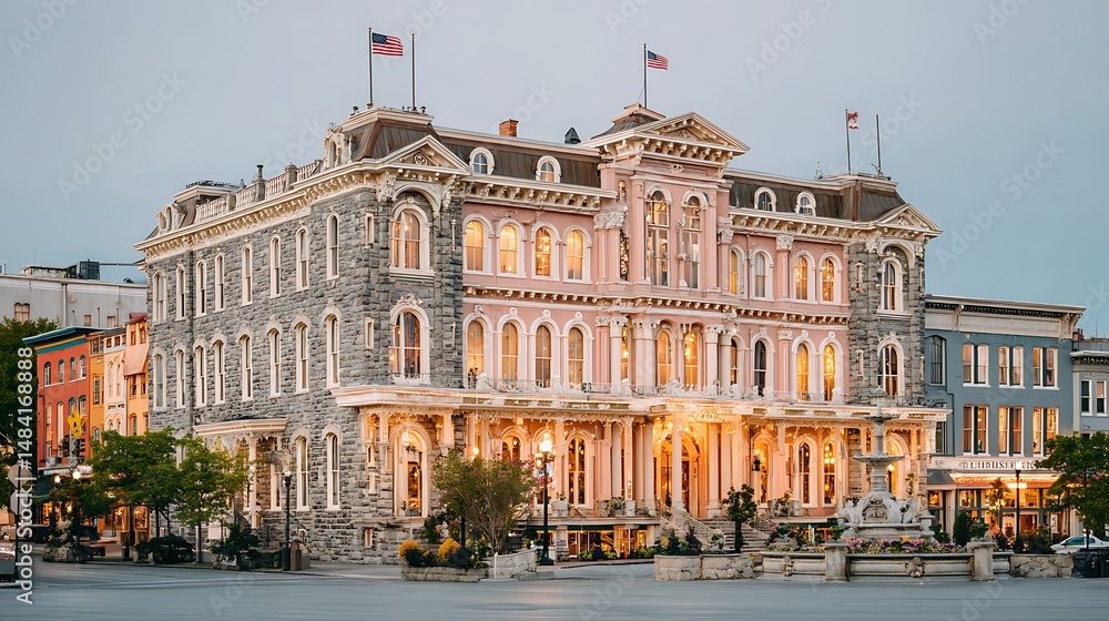 Fototapeta premium Historic Pink Hotel at Dusk with Charming Cityscape.