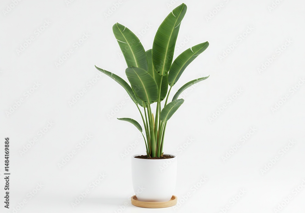 Strelitzia reginae plant in a white pot against a white background Strelitzia reginae plant in a white pot against a white background