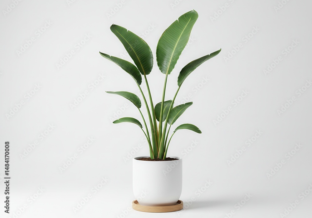 Strelitzia reginae plant in a white pot on a white background Strelitzia reginae plant in a white pot on a white background
