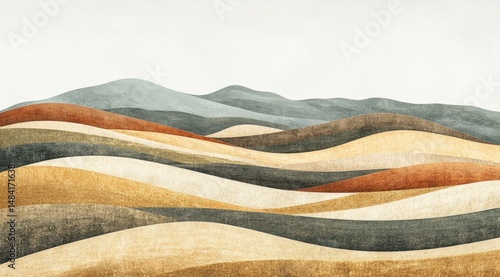 Abstract watercolor landscape painting with rolling hills in earthy tones