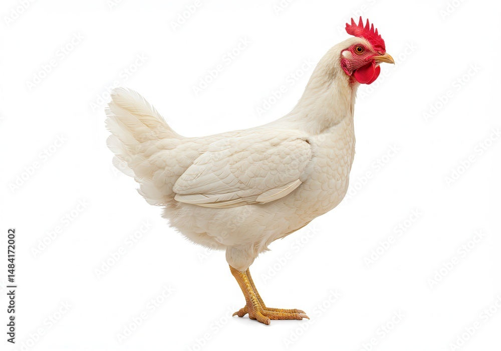 Fototapeta premium Isolated white chicken standing on a white background in a studio setting