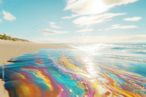 Vibrant oil slick shimmering on a sandy beach under a bright sky with gentle waves