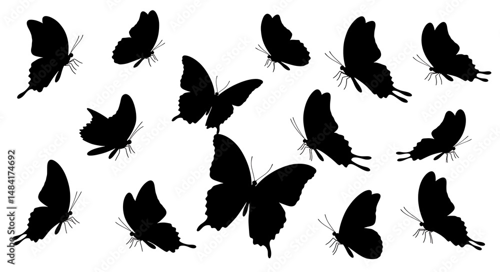 Fototapeta premium Silhouette Butterfly Flight: Elegant Black Ink Art