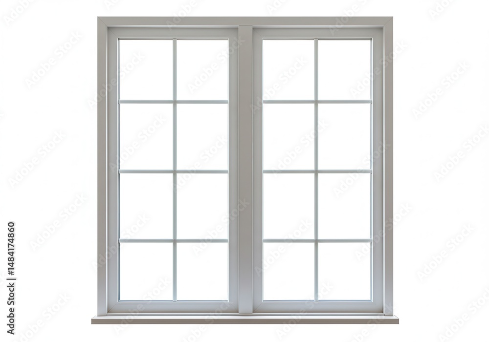 Closed white window with divided panes against a white background Closed white window with divided panes against a white background