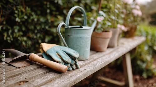 Gardening tools arranged on a rustic bench surrounded by lush greenery in a bright outdoor setting