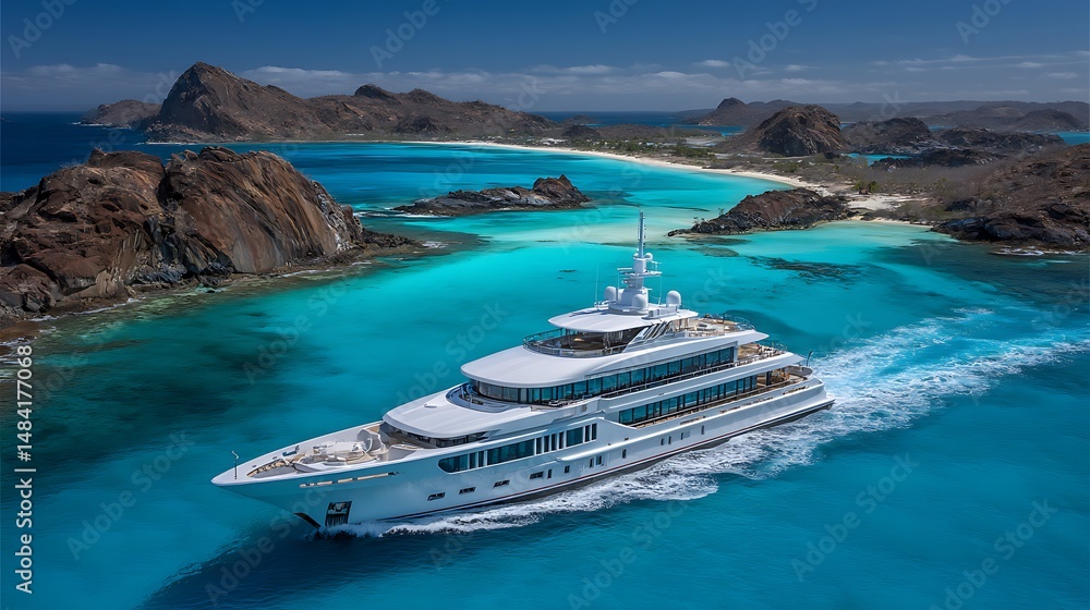 Obraz premium Luxury Yacht Cruising Turquoise Waters with Exotic Islands.