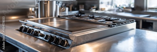 Sleek stainless steel commercial kitchen stovetop with a griddle and gas burners. Modern design, clean lines.