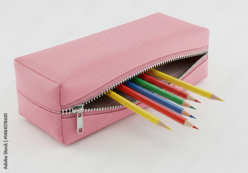 Colored pencils in a pink pencil case with a zipper on a white background Colored pencils in a pink pencil case with a zipper on a white background