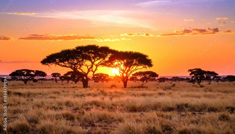 Sunset savanna with acacia trees and glowing horizon Sunset savanna with acacia trees and glowing horizon