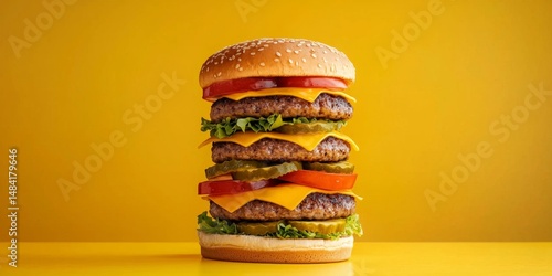 A colorful and unique hamburger image set on a cheerful yellow background.