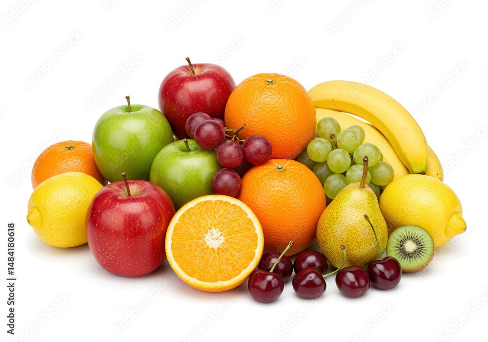 Assortment of fresh fruits, including apples, oranges, bananas and grapes on white Assortment of fresh fruits, including apples, oranges, bananas and grapes on white