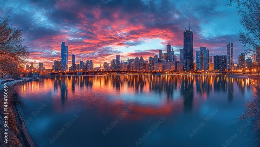 Fototapeta premium metropolitan silhouettes mirroring twilight hues painting the waterway in radiant city embrace