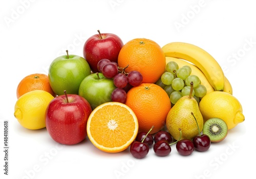 Assortment of fresh fruits, including apples, oranges, bananas and grapes on white