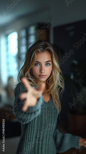 A young woman with striking blue eyes and long blonde hair reaches out to the viewer  her gaze direct  in a cozy indoor setting with a window and plant.