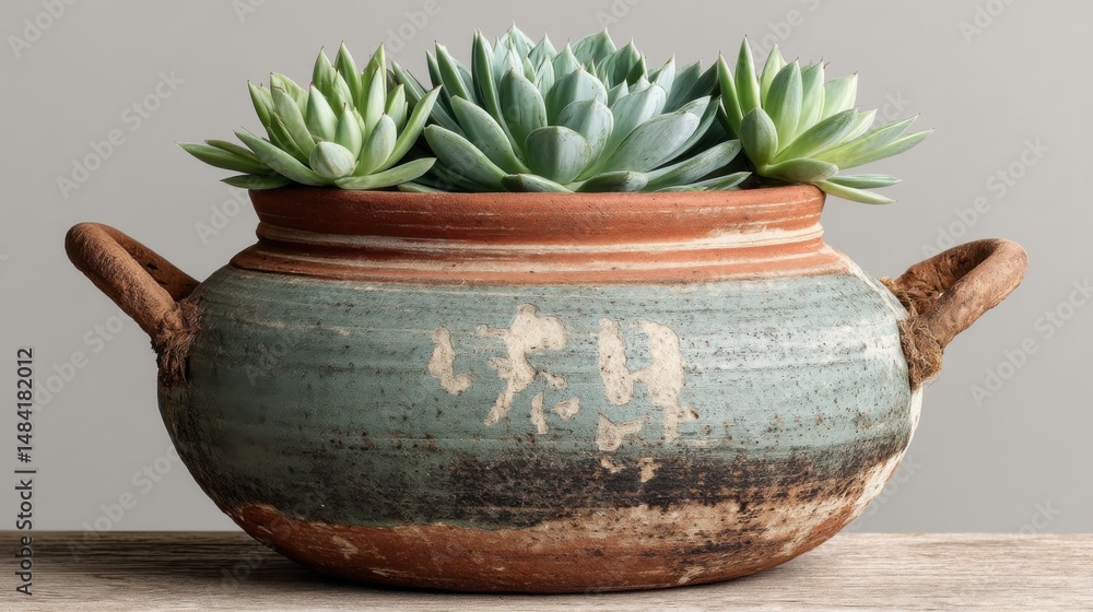 Rustic ceramic pot filled with succulents on a wooden surface against a gray backdrop Rustic ceramic pot filled with succulents on a wooden surface against a gray backdrop