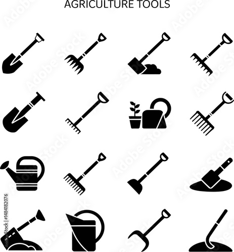 A collection of agriculture tool icons including shovels, rakes, watering cans, buckets, and hoes. Great for farm-related designs, gardening apps, and rural branding.
