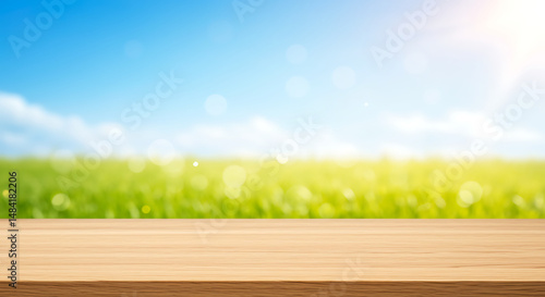 Sunny Day, Wooden Tabletop, Green Grass Background