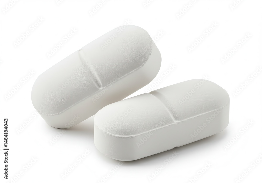 Two white oblong pills with score marks on a white background Two white oblong pills with score marks on a white background