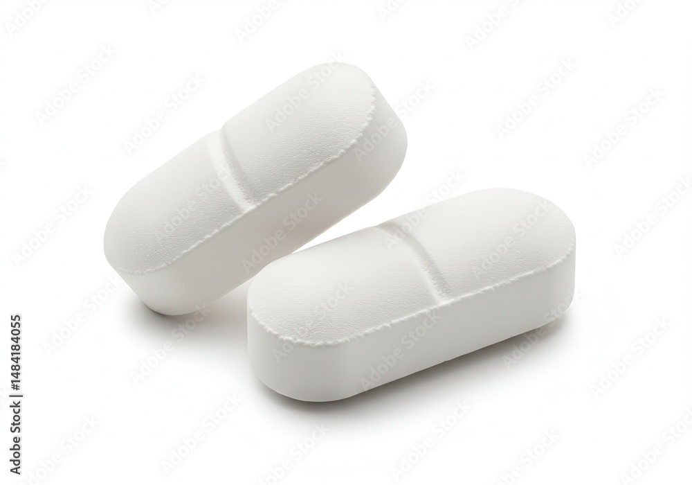 Two white oblong pills with score line on a white background, close up Two white oblong pills with score line on a white background, close up