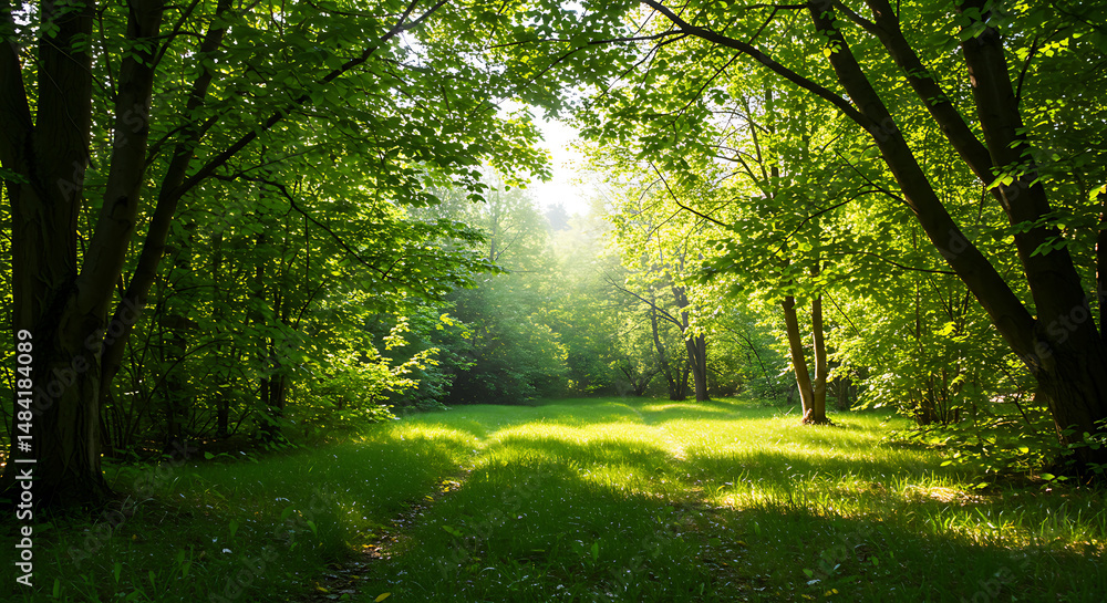 Naklejka premium Sunlit Green Forest Meadow Landscape