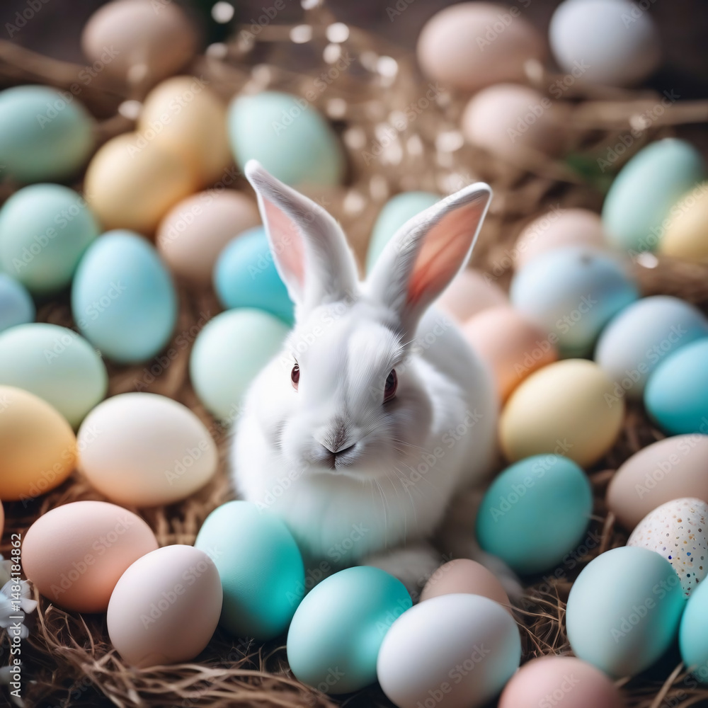 Easter bunny surrounded by colorful eggs Easter bunny surrounded by colorful eggs