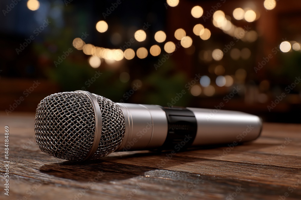 Obraz premium Microphone on wooden table, nighttime setting