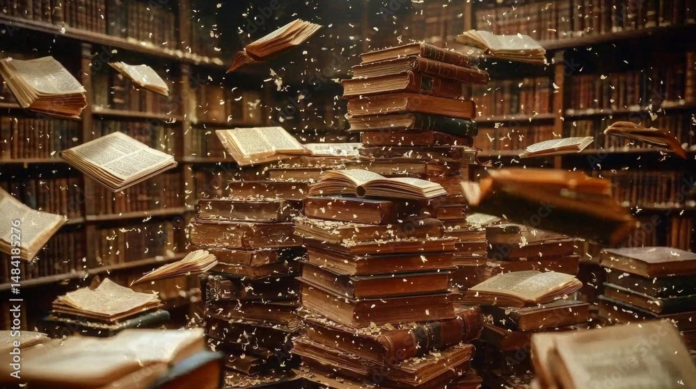 A glimpse into the past with stacks of old literature in a library. A glimpse into the past with stacks of old literature in a library.