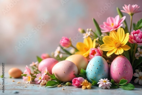 Vibrant floral Easter eggs and spring blooms in a festive arrangement , celebration, joyful, nature