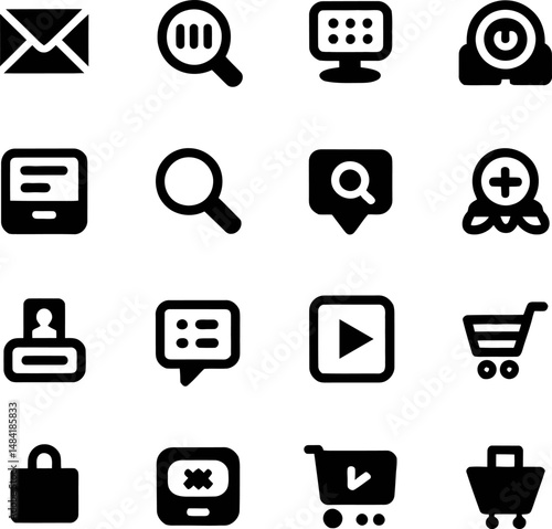 A comprehensive icon set of social media, chat, and communication symbols. Includes message bubbles, likes, comments, share icons, video, mail, and search icons. Perfect for digital platforms and mobi
