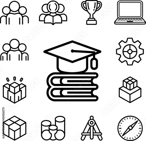 A versatile set of educational icons including books, graduation caps, trophies, laptops, compasses, gears, and student groups. Ideal for school projects, academic platforms, and learning resources.