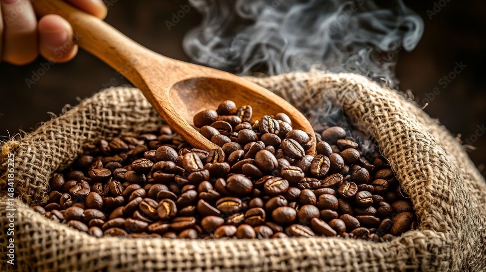 Fototapeta premium Freshly roasted beans exude a strong and inviting aroma.