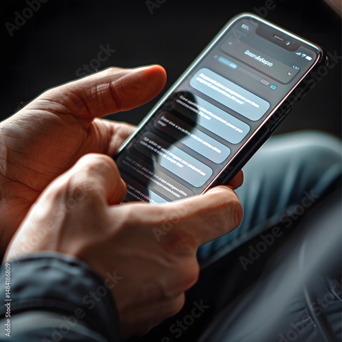 Hand holding a smartphone with empty login or registration fields on screen.
