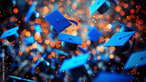 Students rejoice at their graduation ceremony, throwing caps in unison.